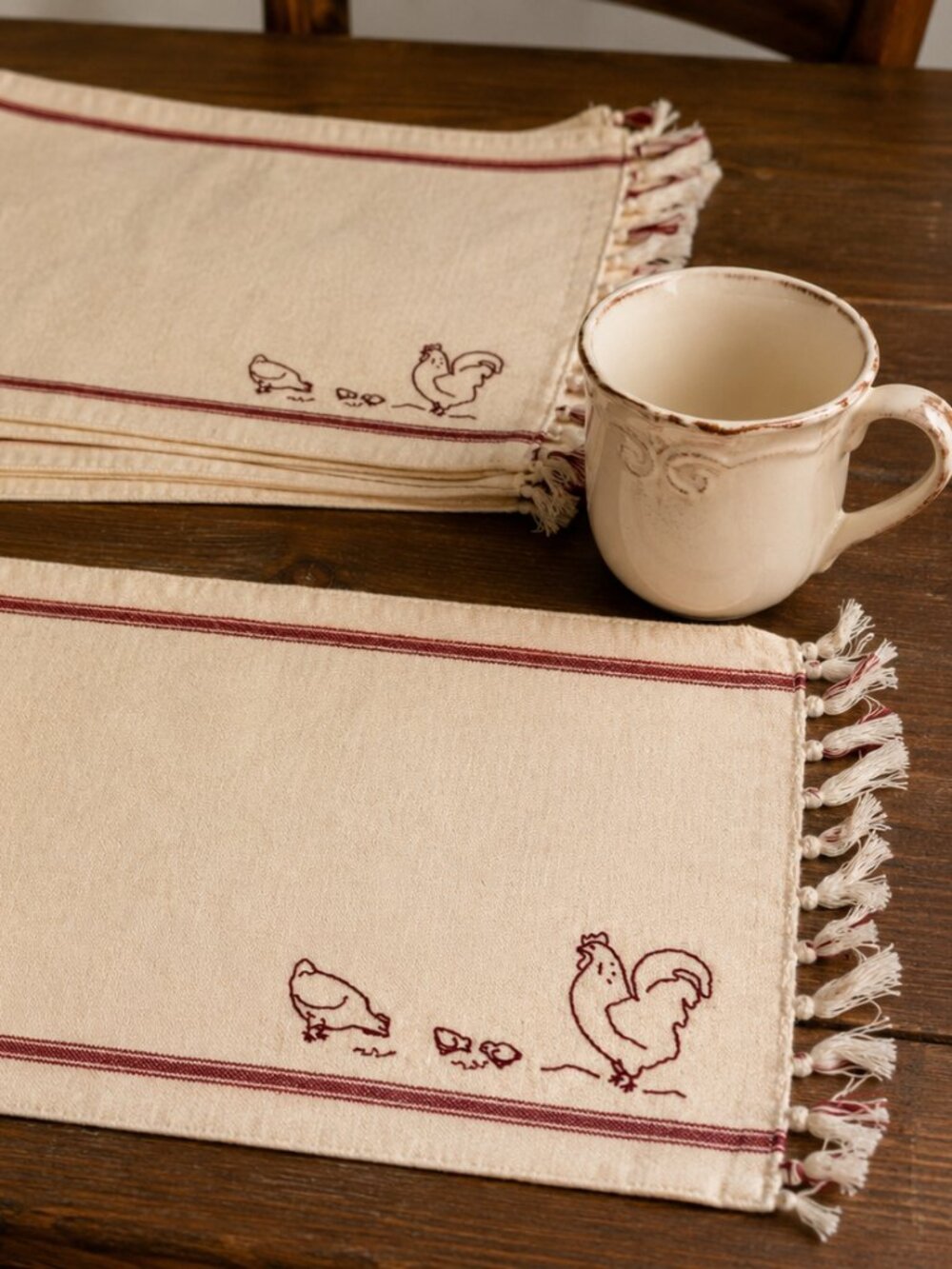 Country Living Farmhouse Rooster Placemats – Set of 4 – Embroidered Cotton – Rus